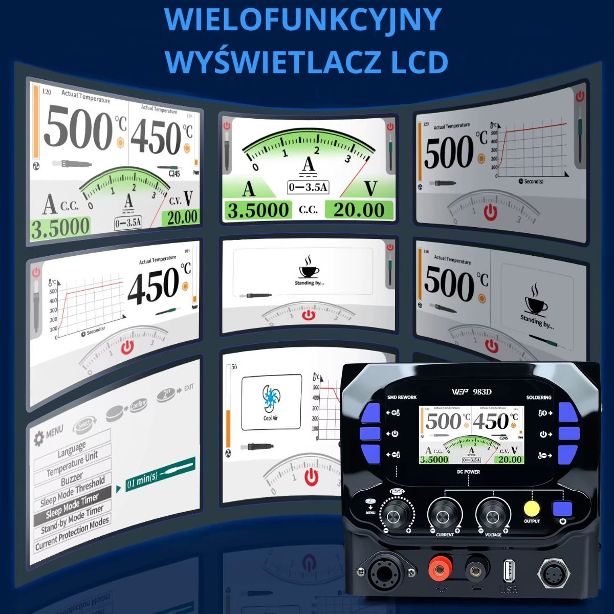 Stacja lutownicza wielofunkcyjna 3w1 z zasilaczem 20V 3,5A WEP 983D