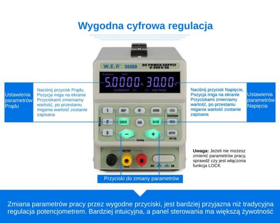 Zasilacz laboratoryjny WEP 3005D 30V 5A pamięć profili zasilania