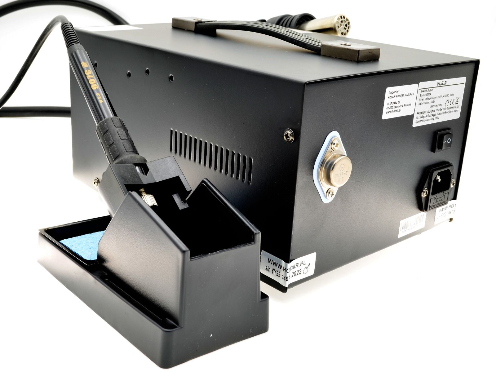 Stacja lutownicza 5w1 WEP 853DA (Hot-Air + Grotówka + Zasilacz) - Kompresor 700W + Zestaw 19 dysz + 1kg Spoiw + Siatka