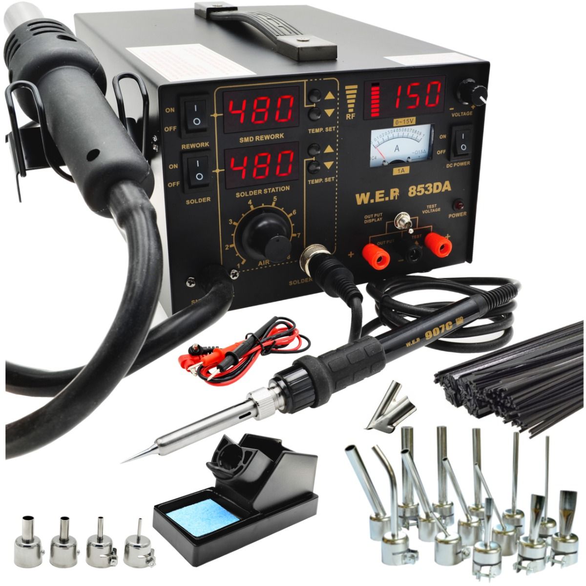 Stacja lutownicza 5w1 WEP 853DA (Hot-Air + Grotówka + Zasilacz) - Kompresor 700W + Zestaw 19 dysz + 1kg Spoiw + Siatka