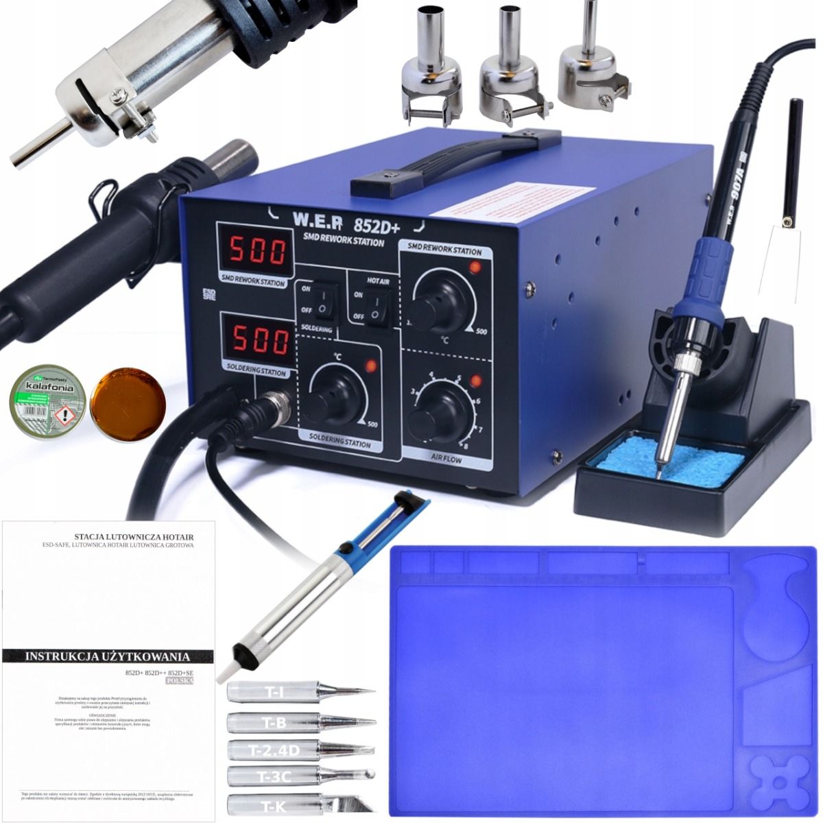 Stacja lutownicza 2w1 HOTAIR WEP 852D+ 700W kompresor + 900M, odsysacz,mata