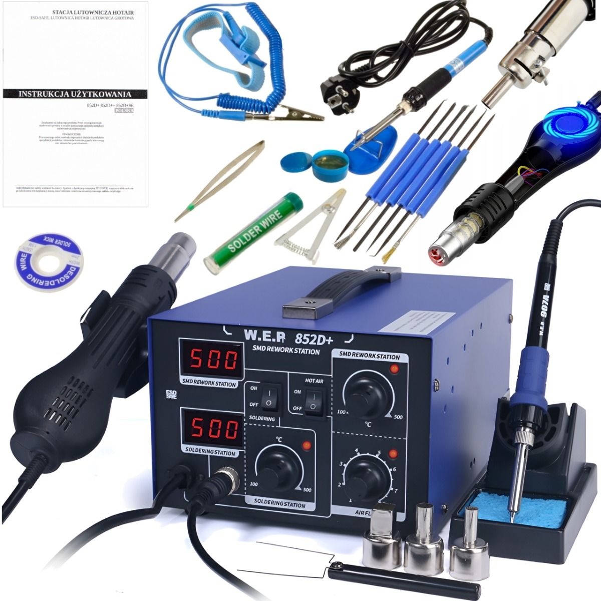 Stacja lutownicza 2w1 HOTAIR WEP 852D+ 740W wentylator + Zestaw narzędzi