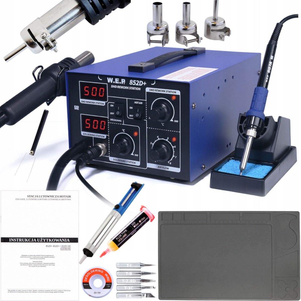 Stacja lutownicza 2w1 HOTAIR WEP 852D+ 700W kompresor +Mata, 900M, odsysacz