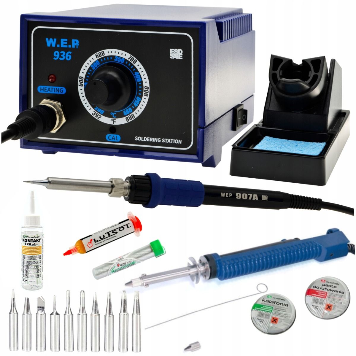 Stacja lutownicza WEP 936 60W ESD Safe - MEGA ZESTAW z elektrycznym odsysaczem 30W, Kontaktem IPA 100ml, 10x Grot i chemią