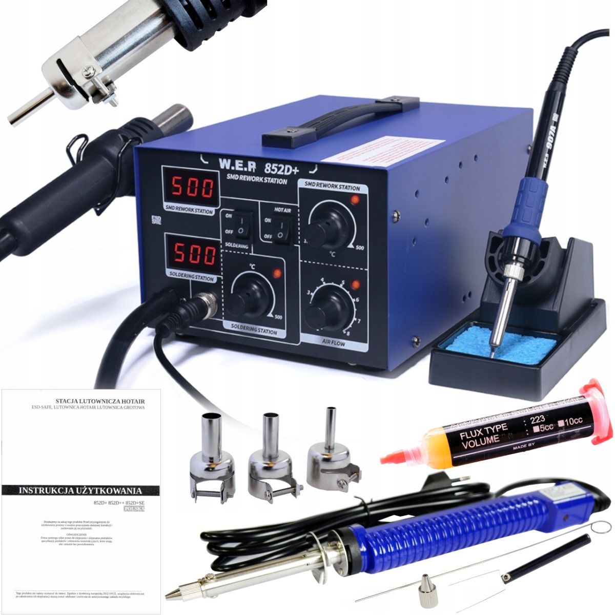 Stacja lutownicza 2w1 HOTAIR WEP 852D+ 700W kompresor + Odsysacz, flux 223