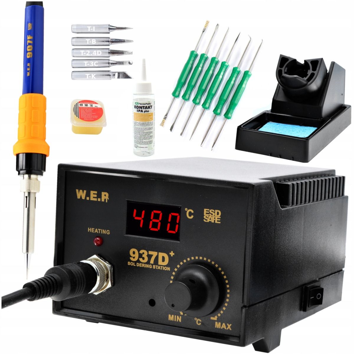 Stacja lutownicza WEP 937D+ 75W LED ESD Safe + Zestaw Serwisowy, Narzędzia i Chemia