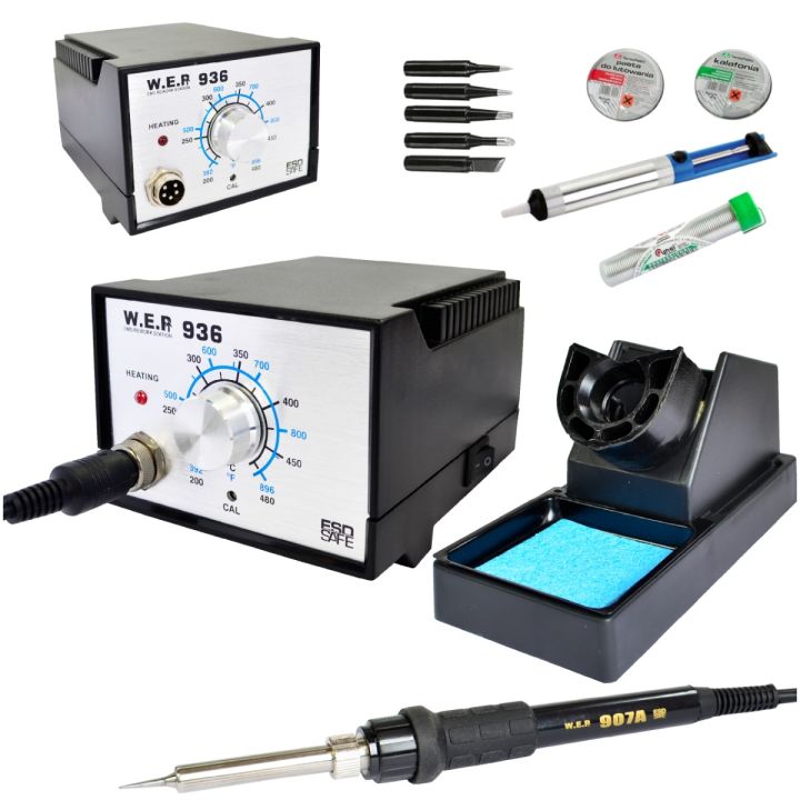 Stacja lutownicza WEP 936 60W Transformatorowa ESD Safe - Kompletny Zestaw Startowy (Kalafonia 40g, Pasta 40g, Cyna 14g, Odsysacz WEP-190, 5x Grot Black HQ)